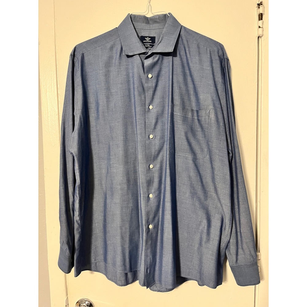 Dockers Mens XL 17-17.5 Blue Fitted Stretch Collar Long Sleeve Button Down Shirt